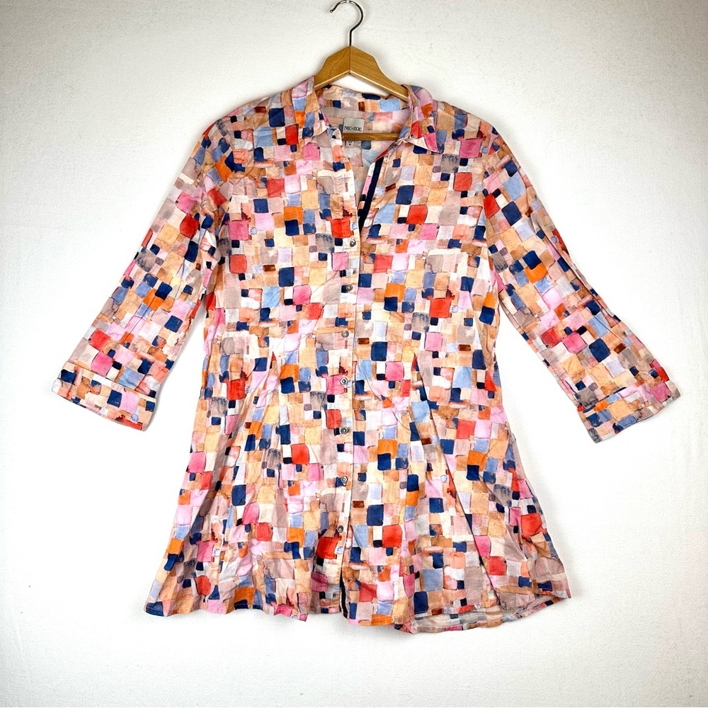 Nic & Zoe Checked Up Long Geometric Button Down Shirt Tunic
